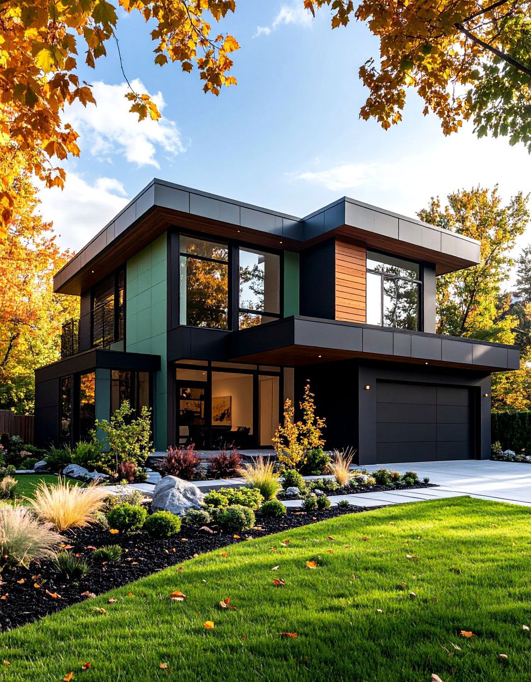 Contemporary Two Tone Sage with Black Accent Siding - 25 Sage Green House With Black Trim Ideas