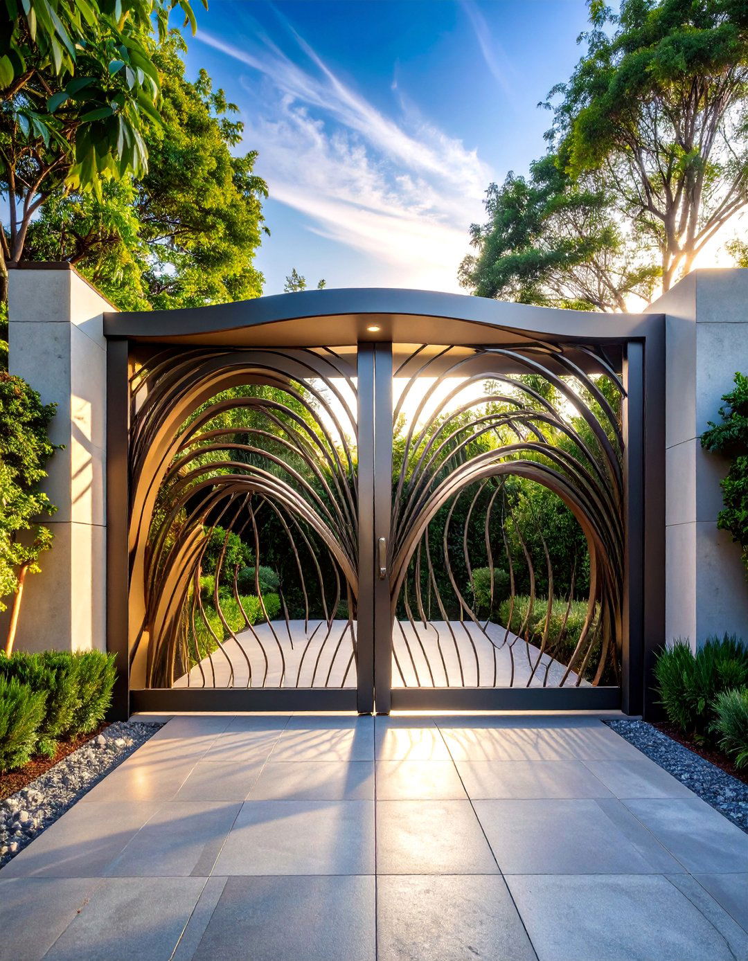 Contemporary Wave Design Gate with Fluid Motion - 25 Metal Garden Gate Ideas
