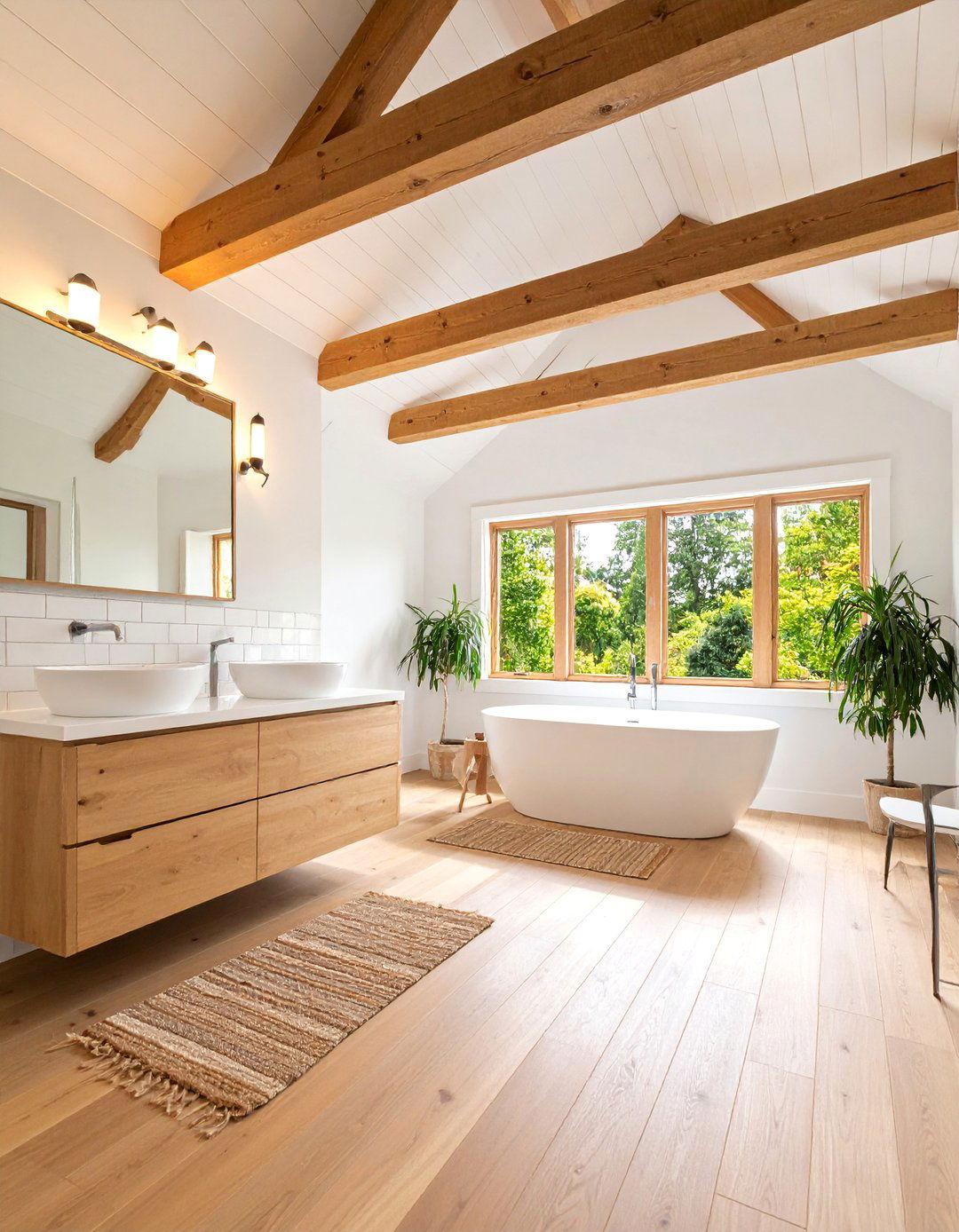 Contemporary White Bathroom with Wood Ceiling - 25 White Bathroom Ideas