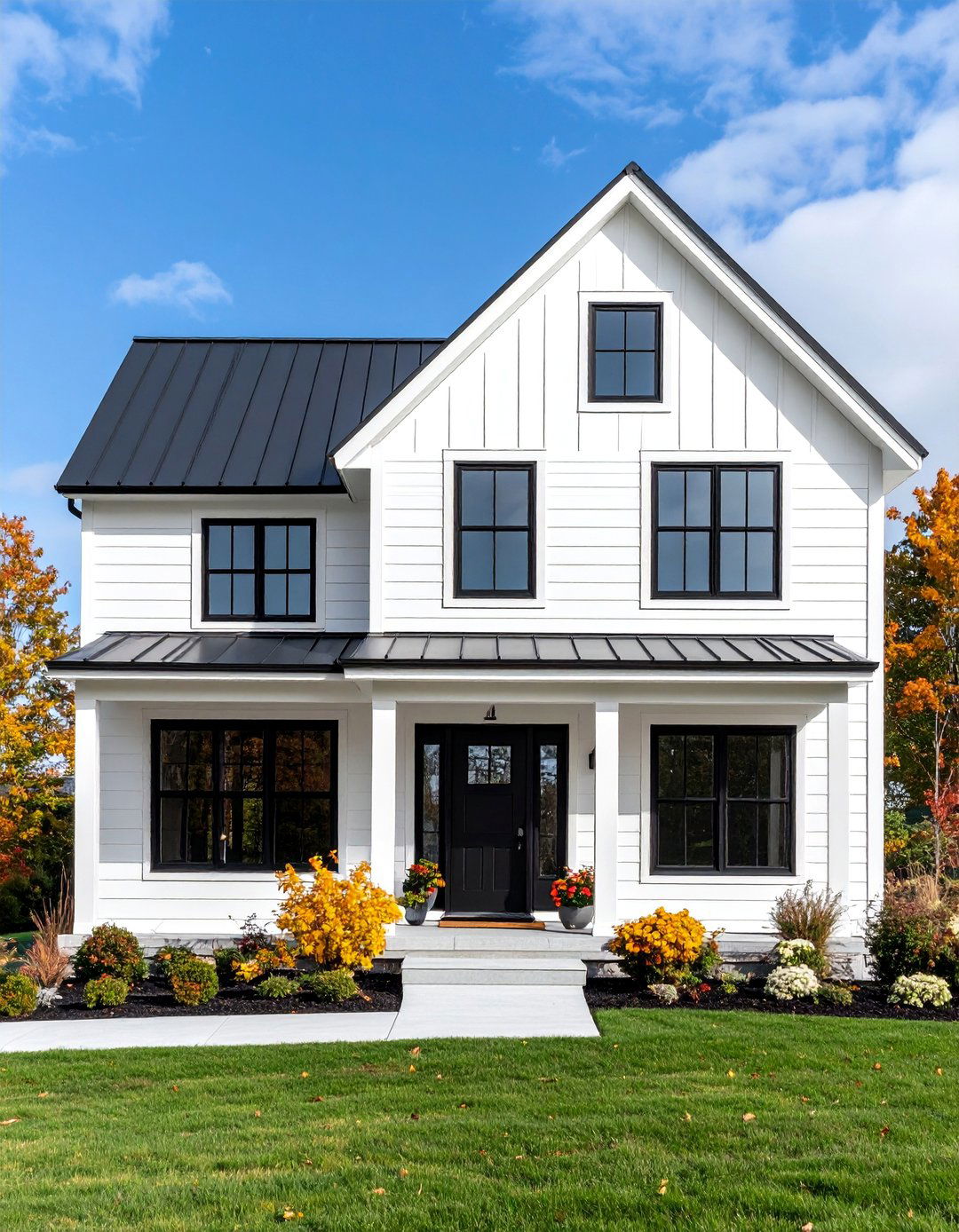Contemporary White Farmhouse with Floor to Ceiling Black Windows - 25 White Farmhouse With Black Windows Ideas