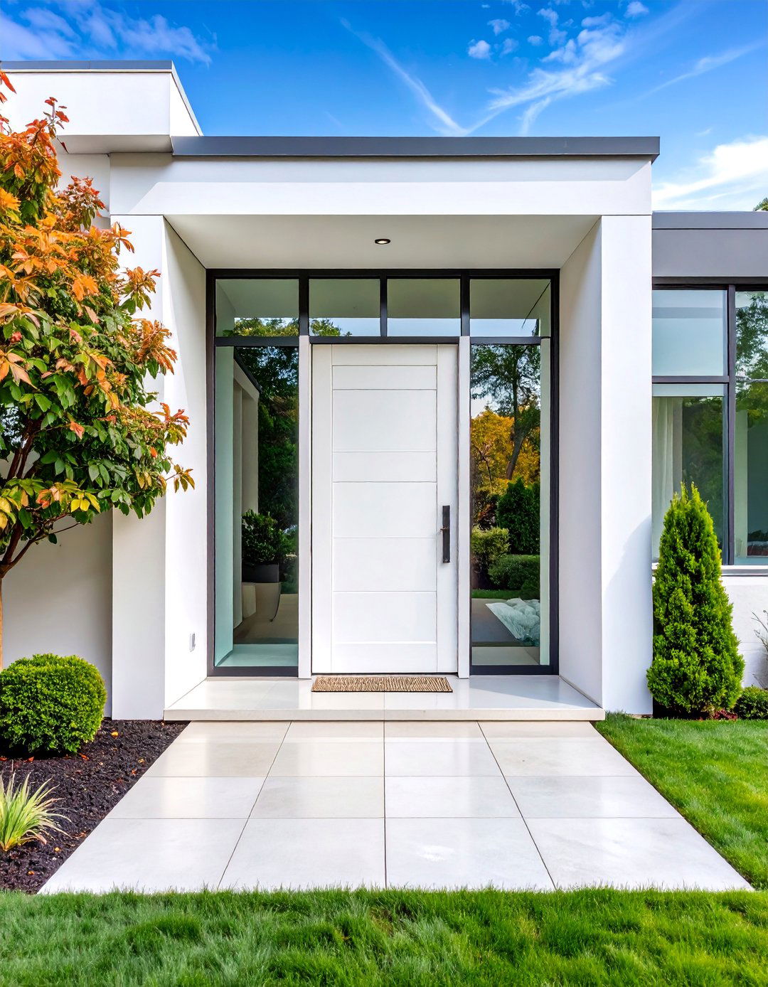 Contemporary White Front Door with Floor to Ceiling Glass - 25 White Front Door Ideas