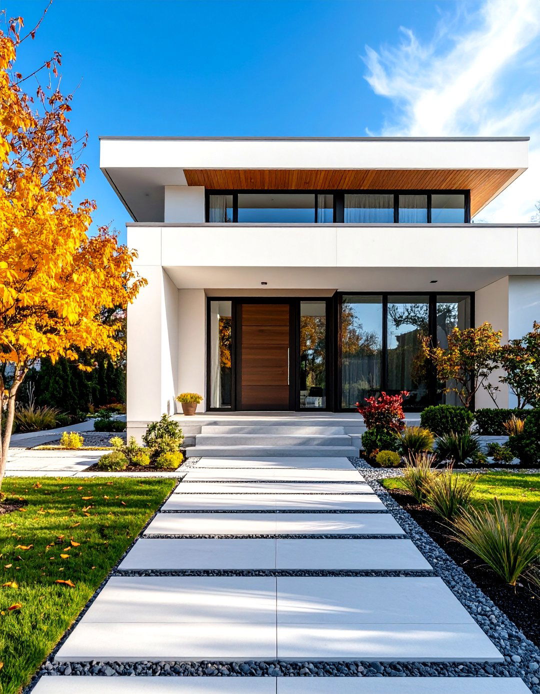 Contemporary White House with Sleek Black Panel Door - 25 White House Ideas With Black Doors