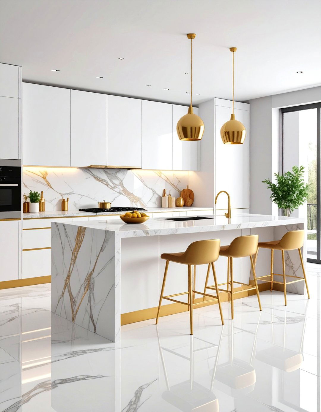 Contemporary White Kitchen with Gold Veined Marble