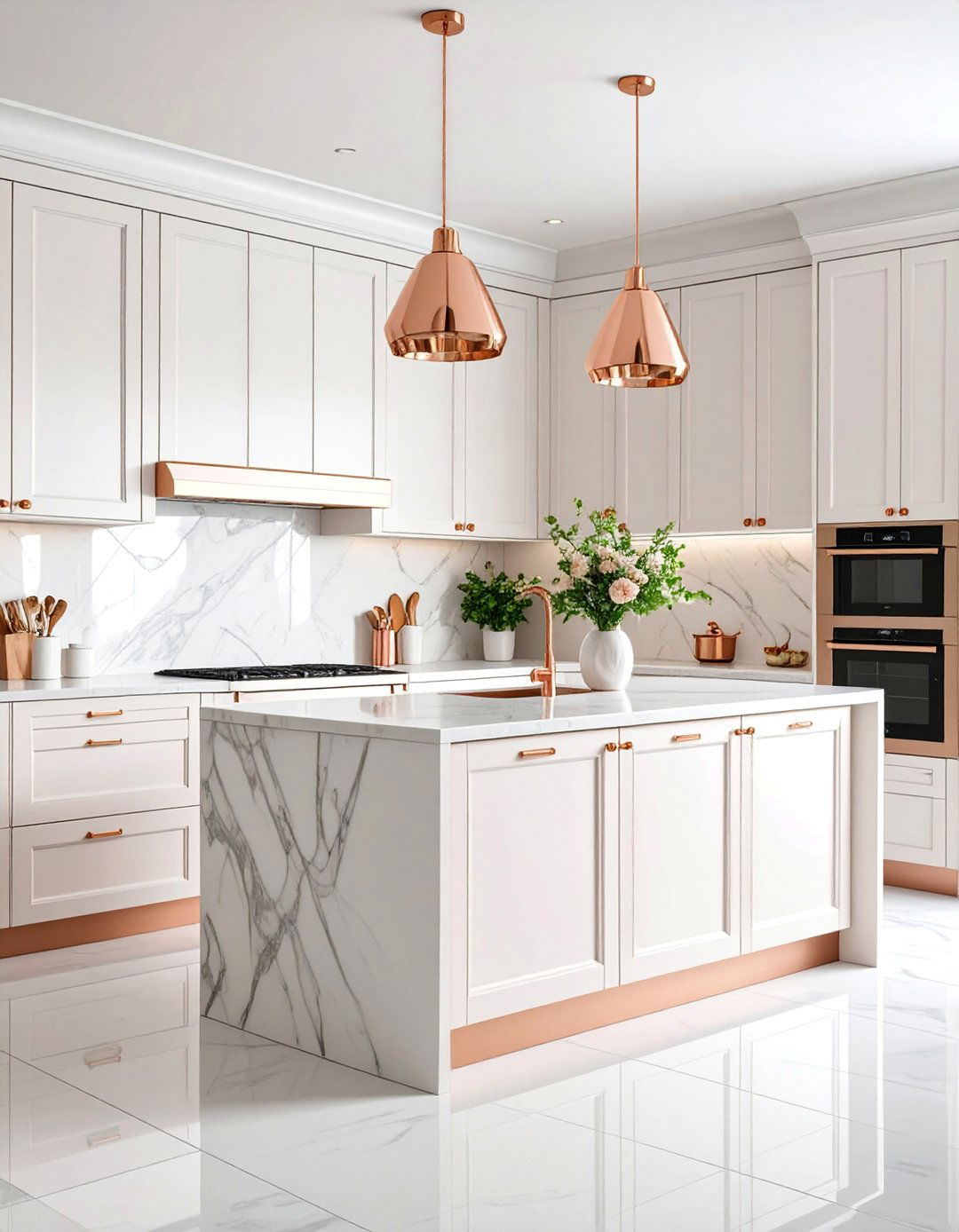 Contemporary White Kitchen with Rose Gold Hardware - 25 White and Gold Kitchen Ideas