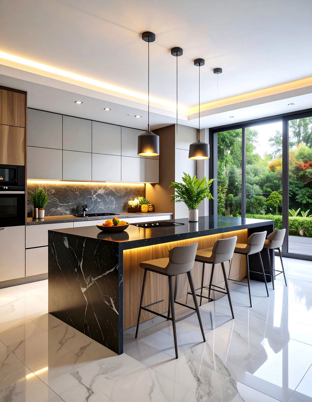 Contemporary White Kitchen with Waterfall Black Quartz Island - 25 white kitchen ideas with black island
