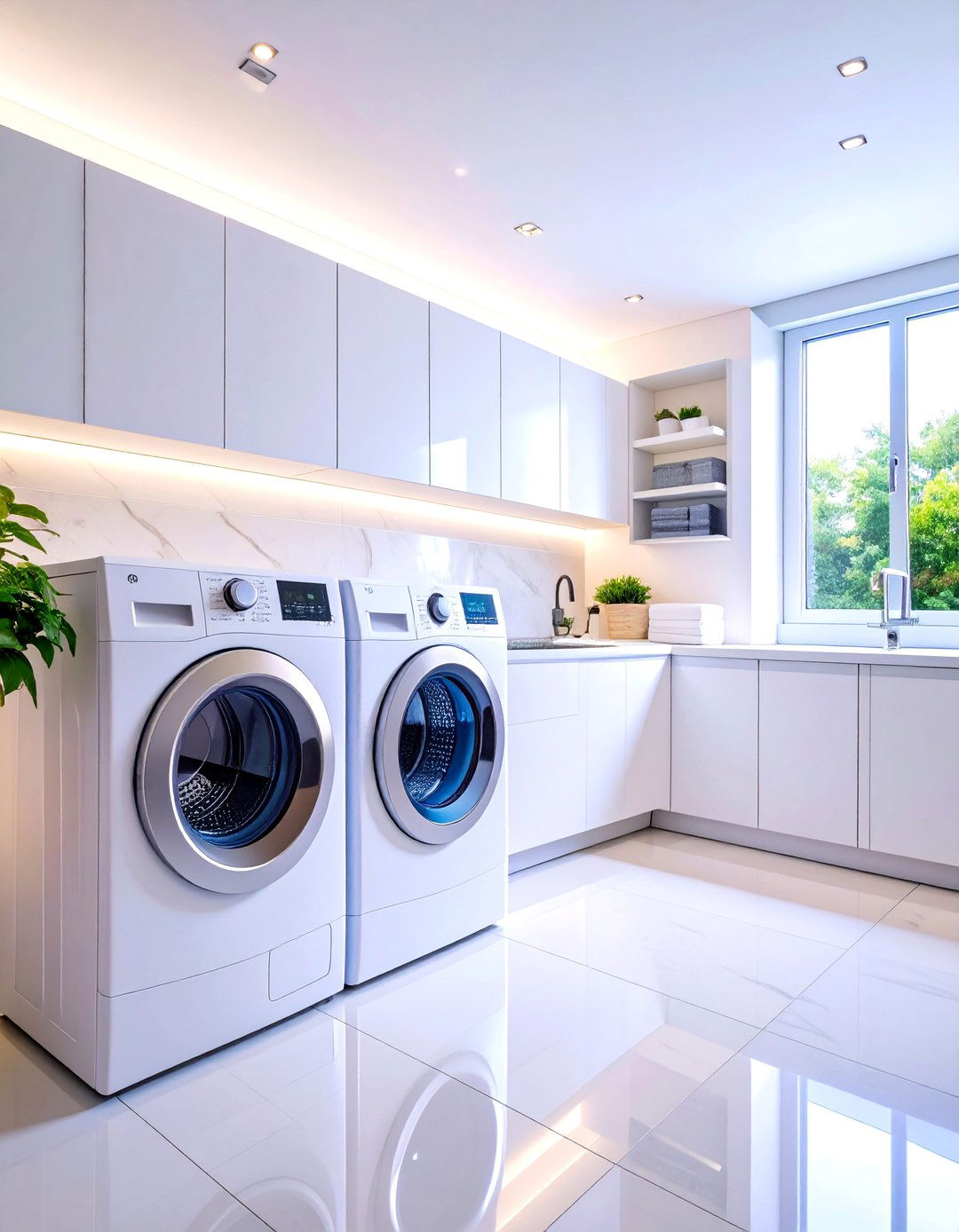 Contemporary White Laundry Room with Smart Technology - 25 White Laundry Room Ideas