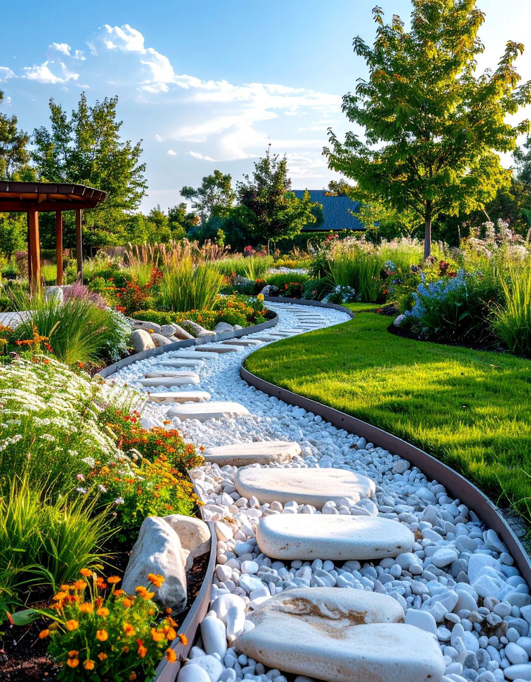 Contemporary White Stone Rain Garden Landscape - 25 White Rock Landscaping Ideas