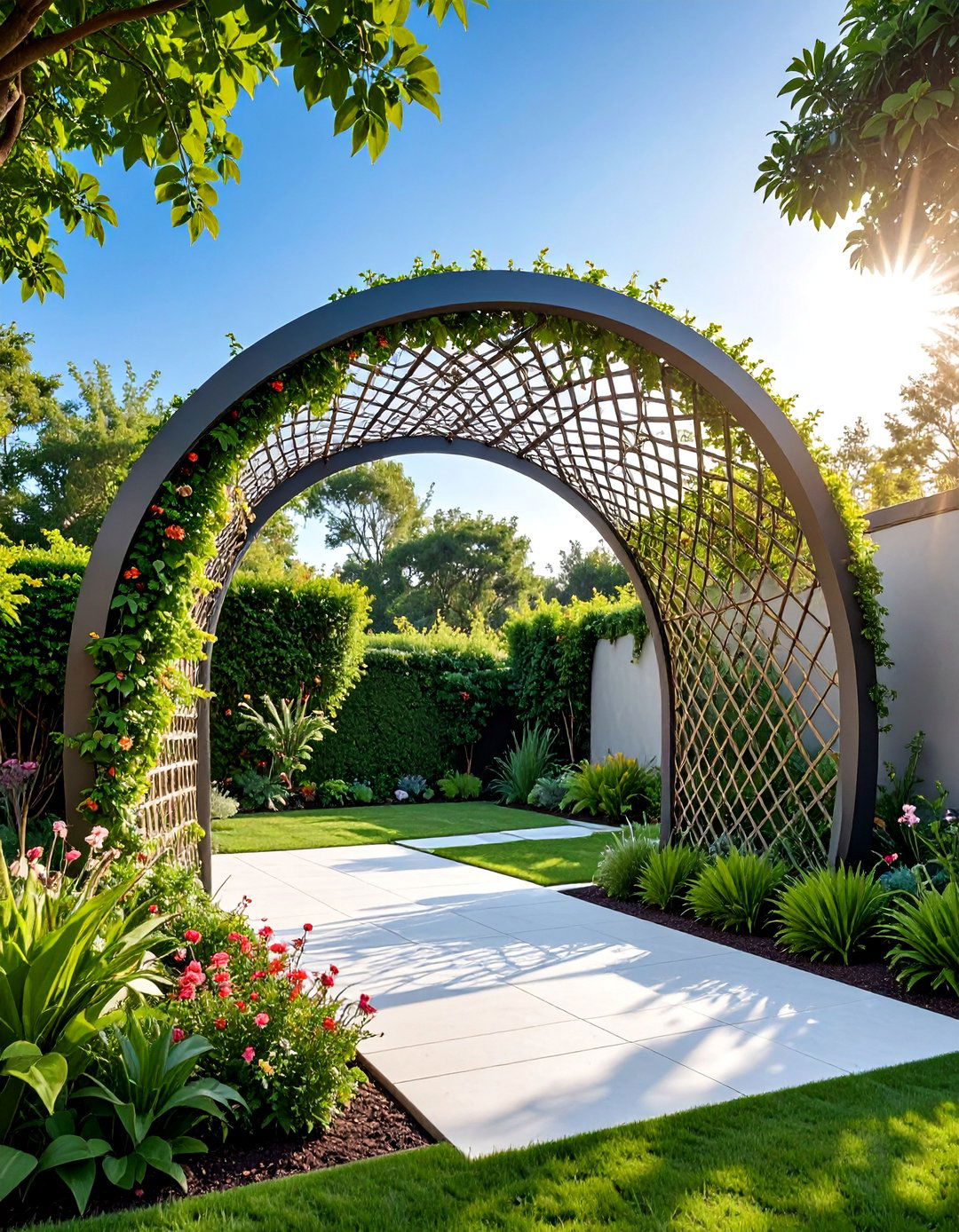 Contemporary Wire Trellis Arch with Geometric Patterns - 25 Garden Arch Ideas