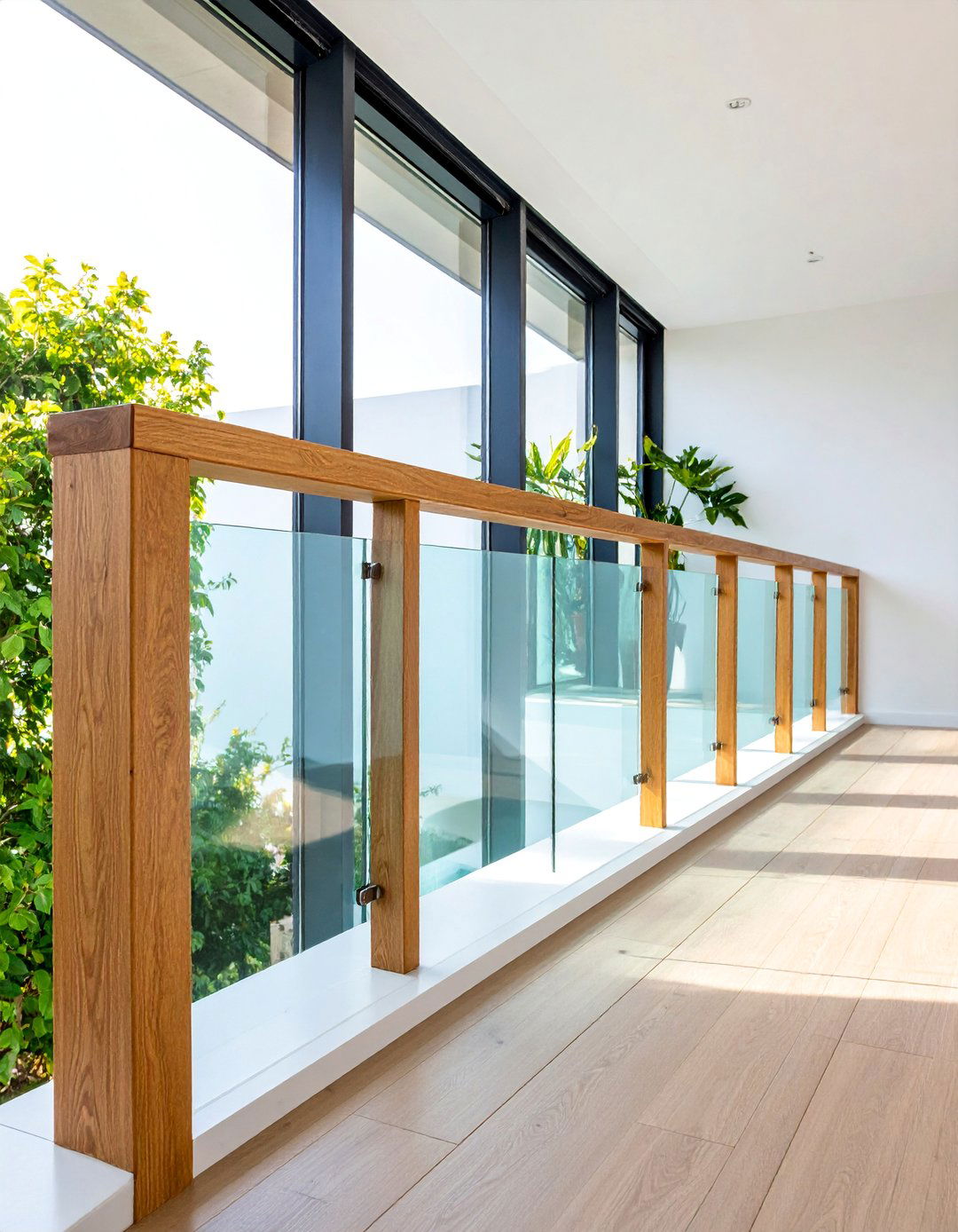 Contemporary Wood Railing with Glass Panels - 25 Wood Stair Railing Ideas