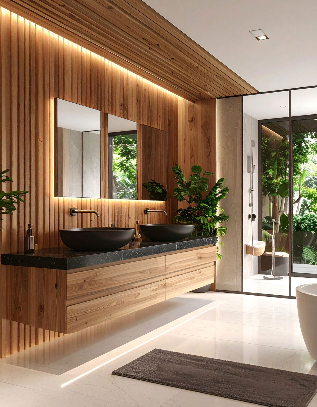 Contemporary Wood Slat Wall with Black Stone Vanity - 25 Black and Wood Bathroom Ideas