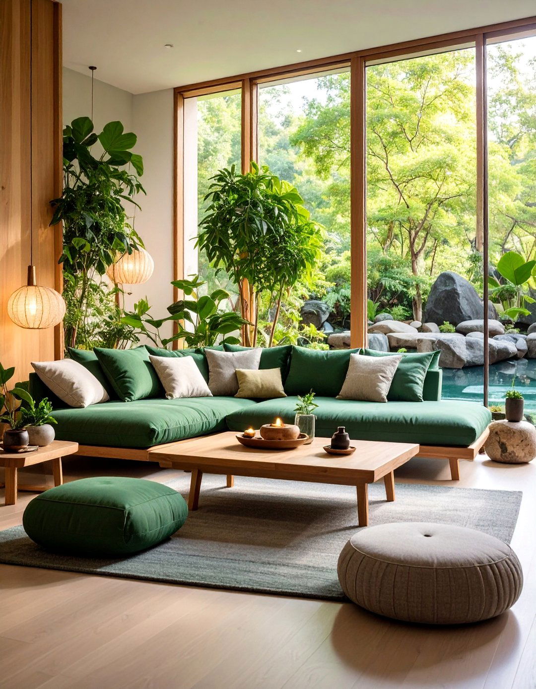Contemporary Zen Meditation Space - 25 Emerald Green Sofa Living Room Ideas