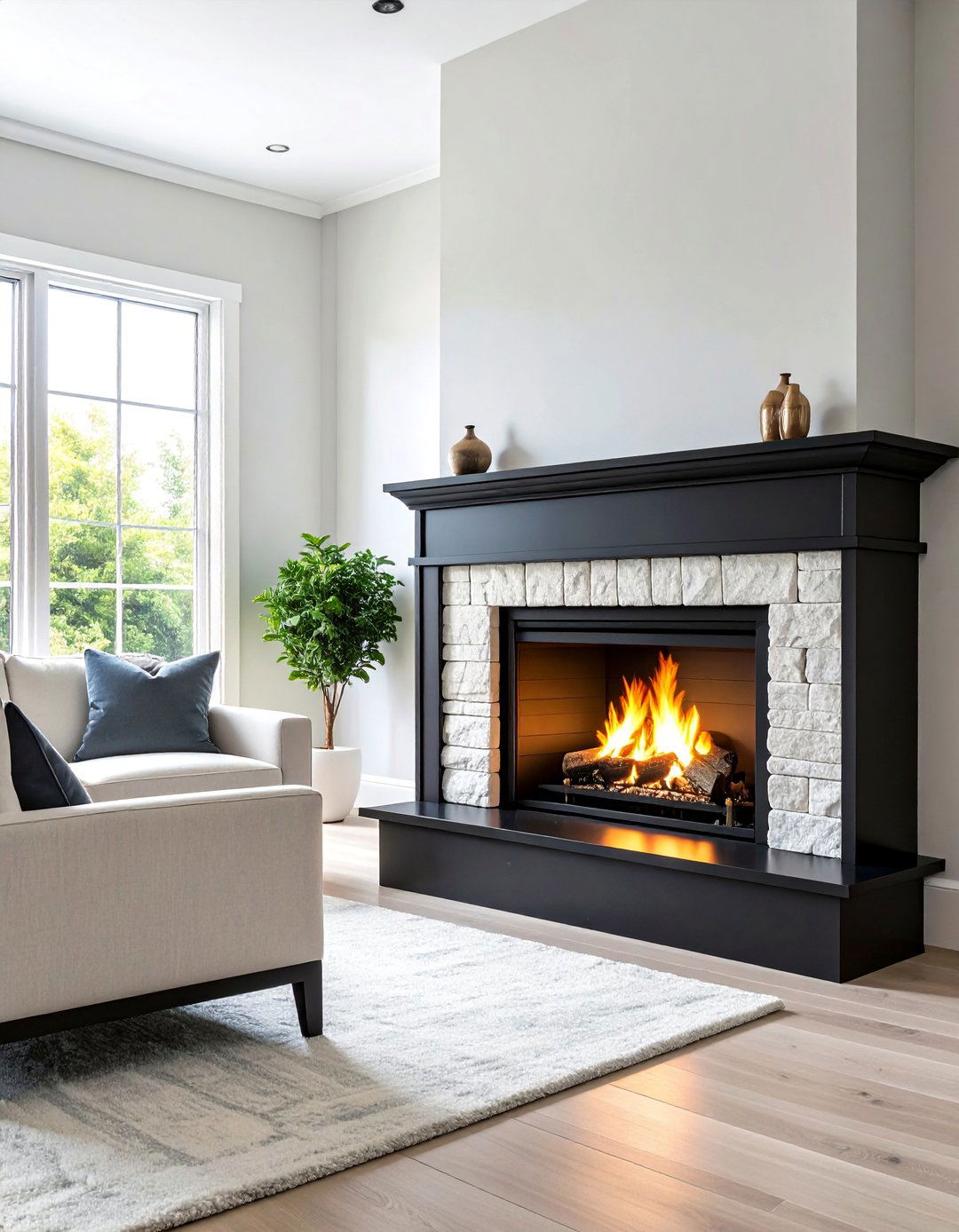 Contrasting Black Frame with White Stone Interior - 25 Black and White Fireplace Ideas