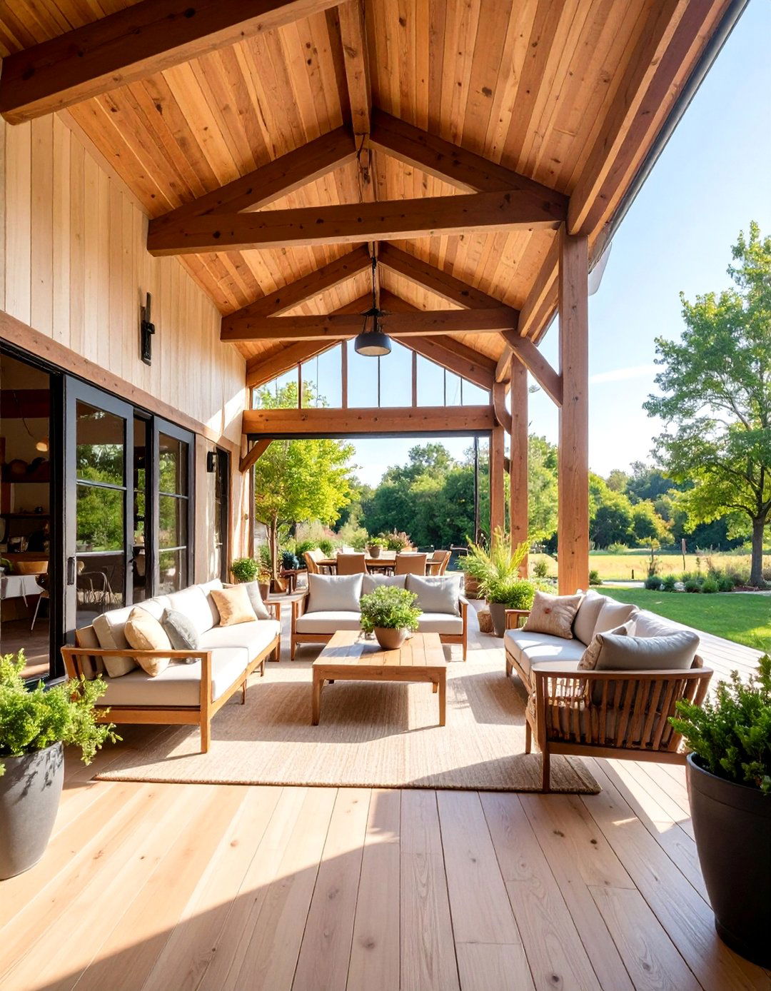 Converted Barn Patio with Sliding Glass Doors - 25 Farmhouse Patio Ideas