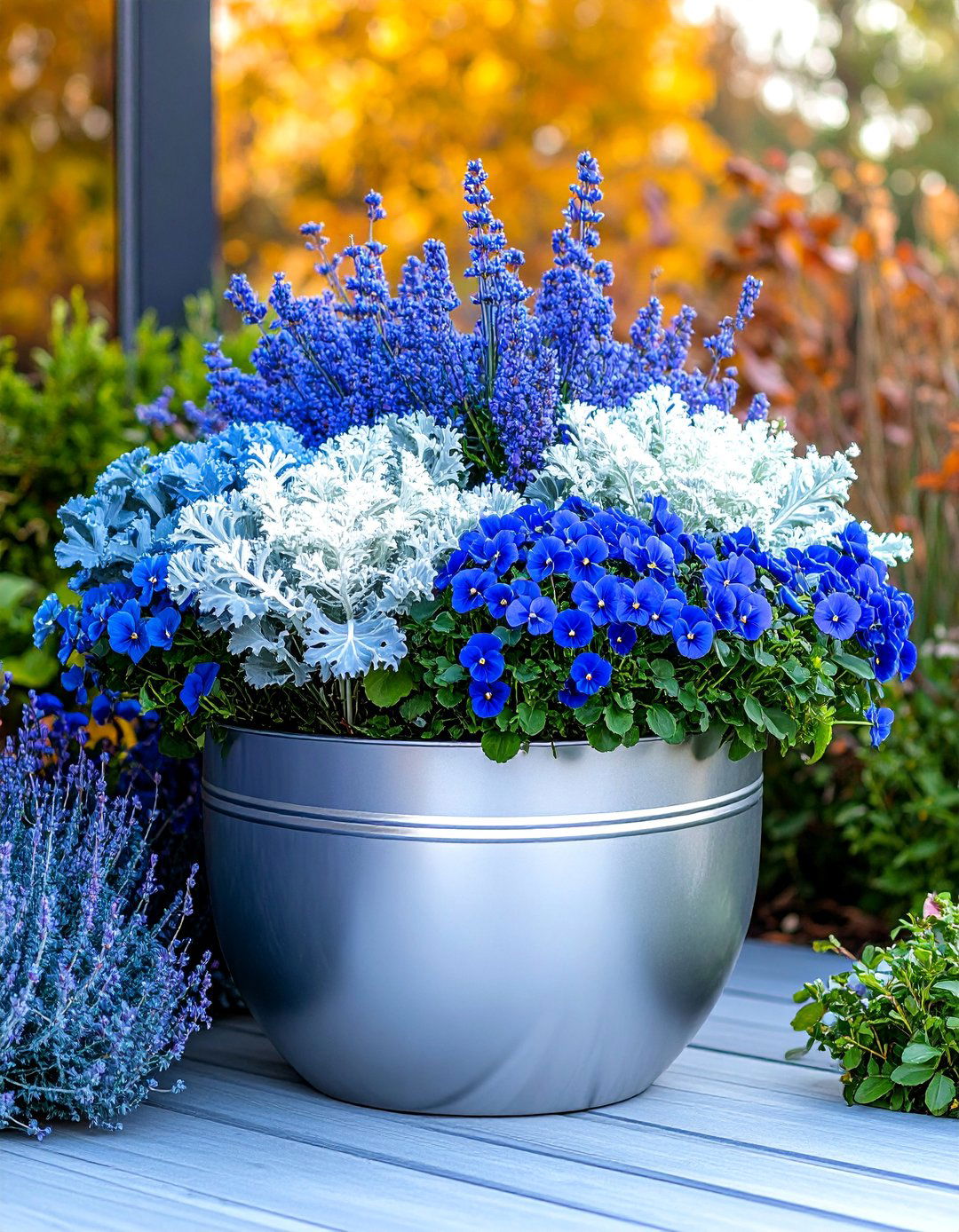 Cool Toned Fall Planter with Blue and Silver Accents - 25 Fall Planter Ideas