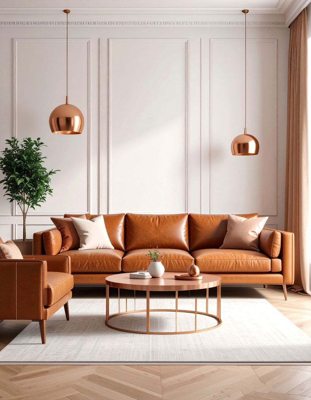 Copper Accent Living Room with Warm Metallic Touches - 25 Brown Leather Couch Living Room Ideas