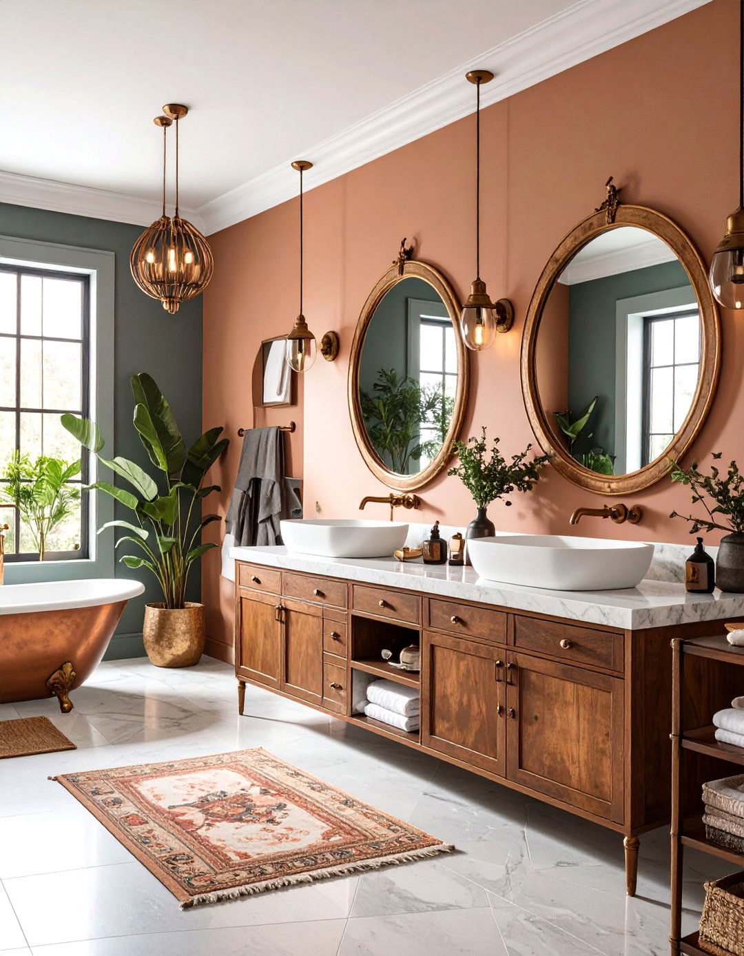 Copper Accents Bathroom with Vintage Mirrors - 25 Bohemian Desert Decor Ideas