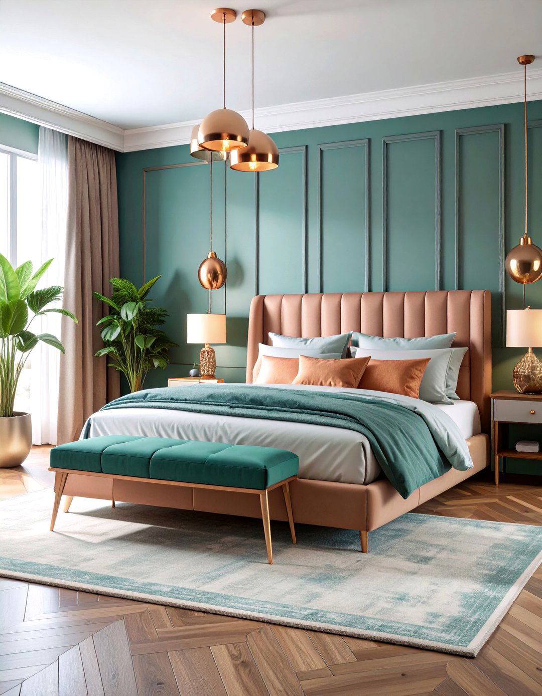 Copper Accents with Teal and Grey Color Scheme - 25 Teal and Grey Bedroom Ideas