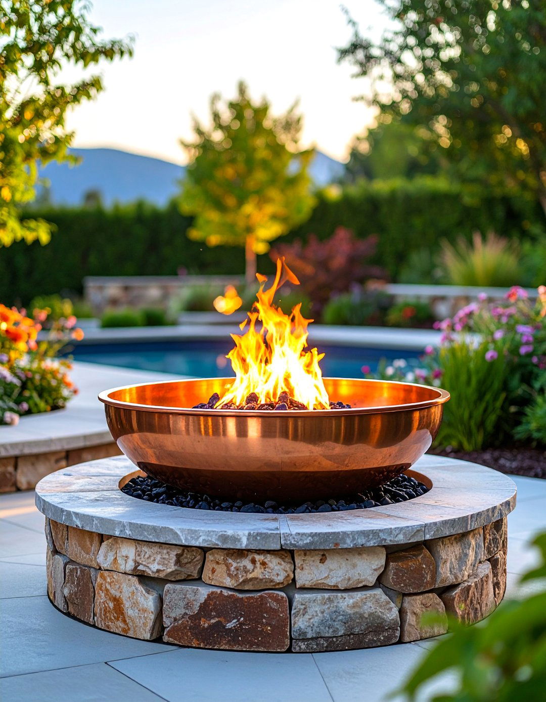 Copper Bowl with Stone Pedestal Base - 25 Rustic Fire Pit Ideas