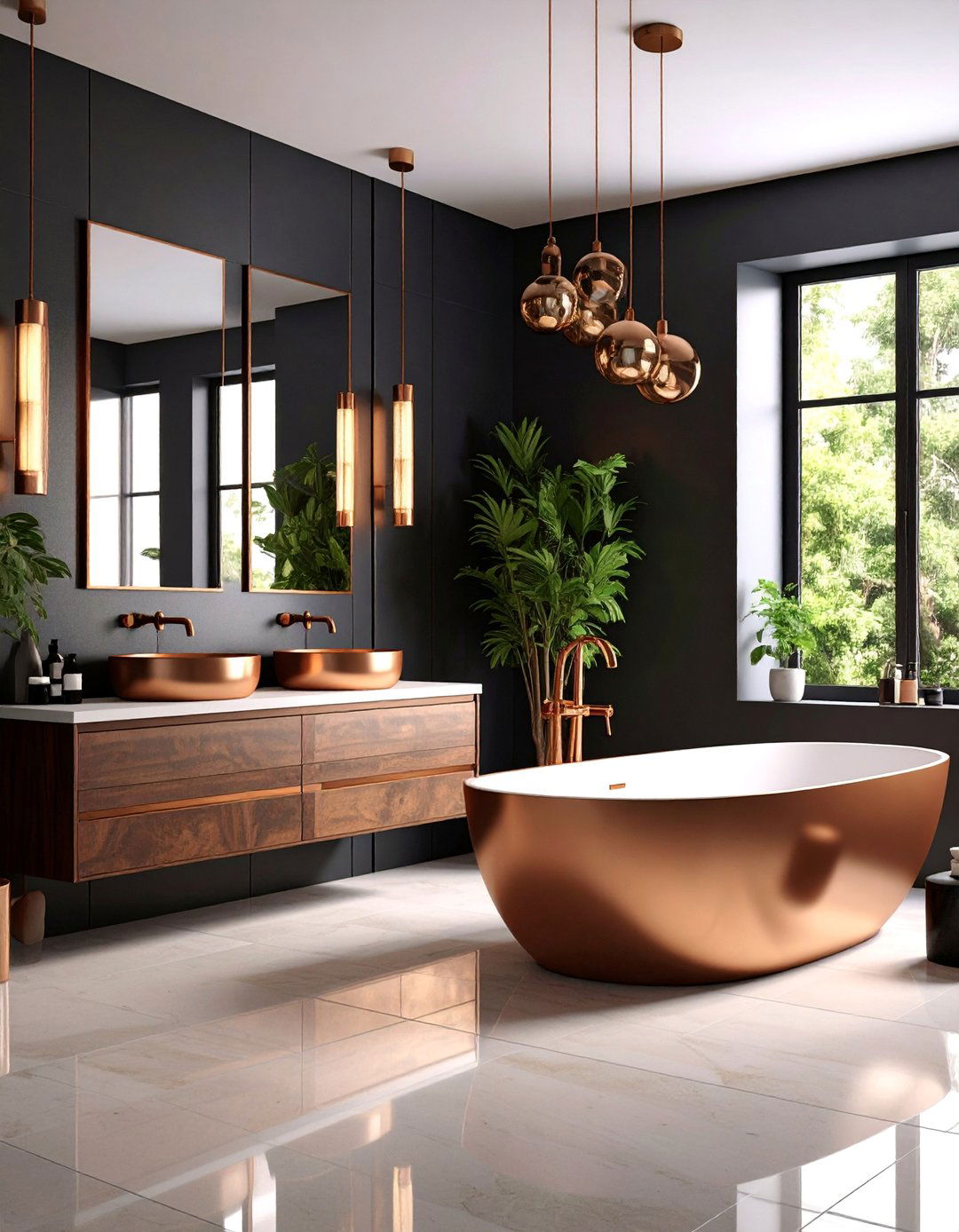 Copper Brown Fixtures with Black Accent Walls - 25 brown and black bathroom ideas