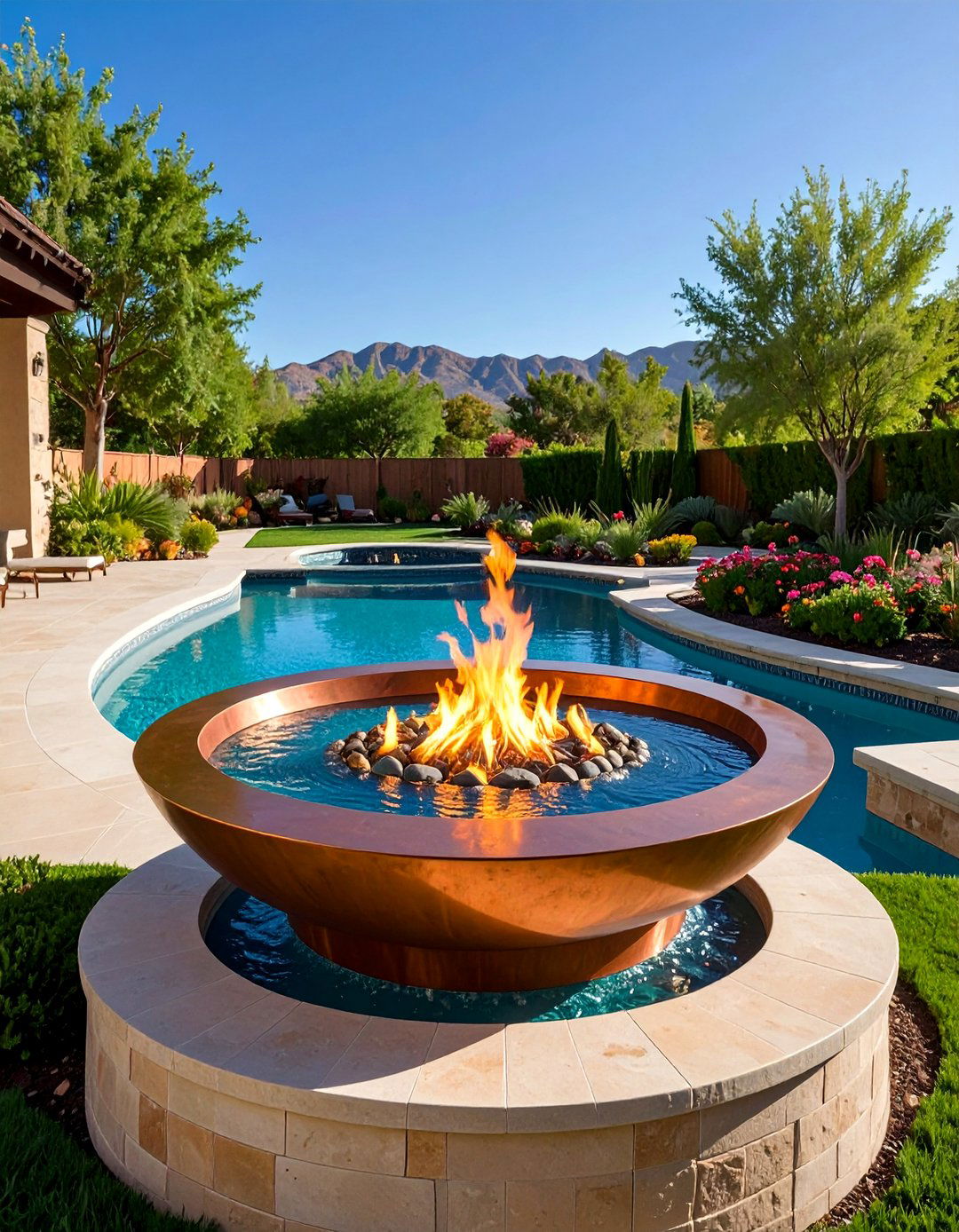 Copper Fire and Water Bowl Pool Fountain - 25 Pool Fountain Ideas