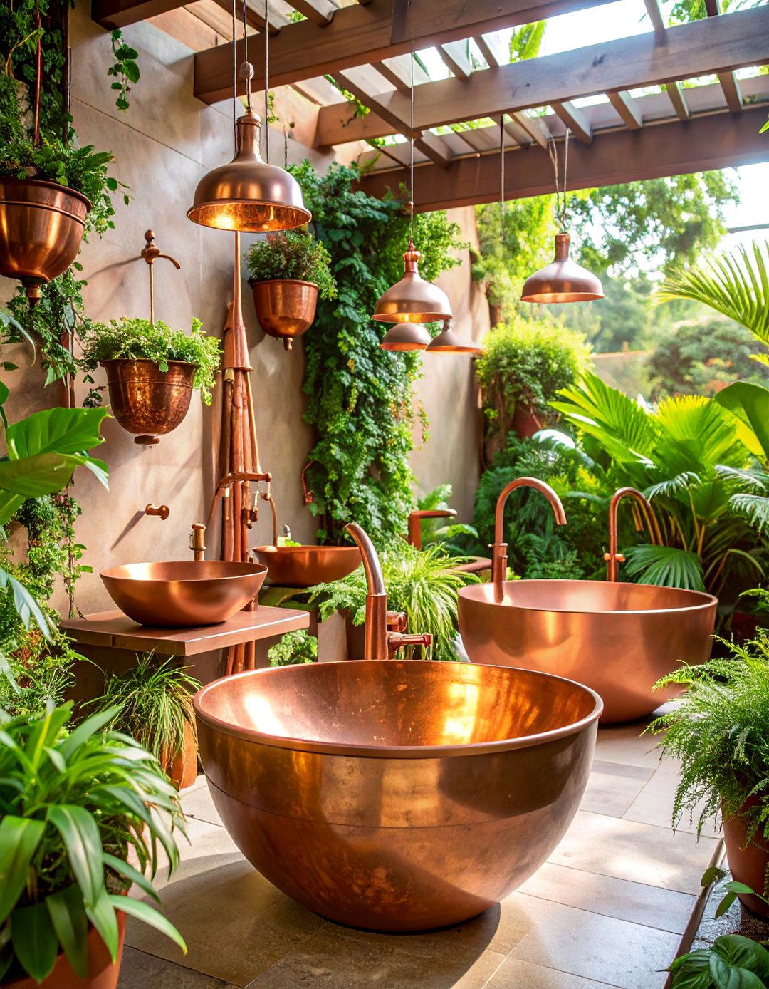 Copper Fixture Outdoor Bathroom with Patina Finish - 25 Rustic Outdoor Bathroom Ideas