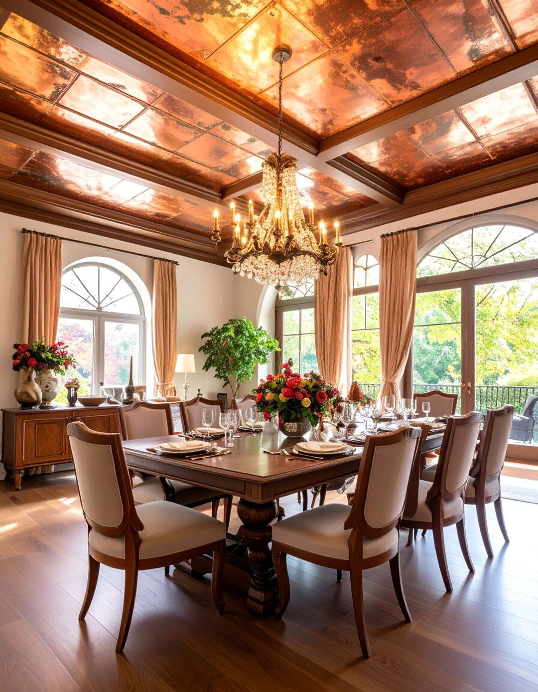 Copper Leaf Ceiling with Antique Patina Effects - 25 Dining Room Ceiling Ideas