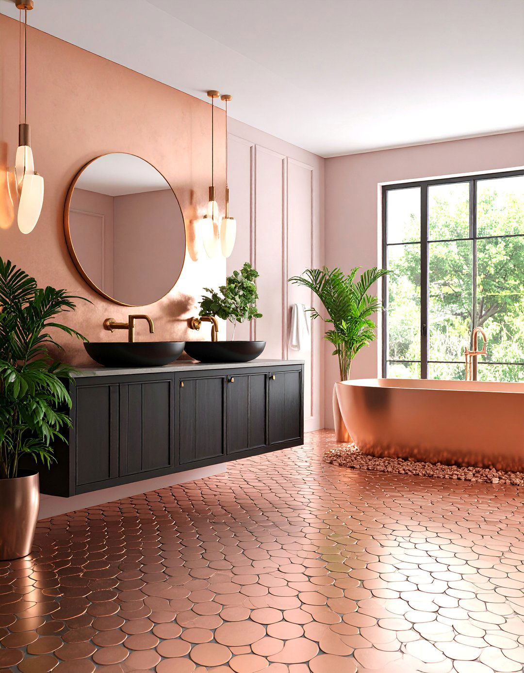 Copper Metallic Penny Tile Glamour - 25 Penny Tile Bathroom Floor Ideas