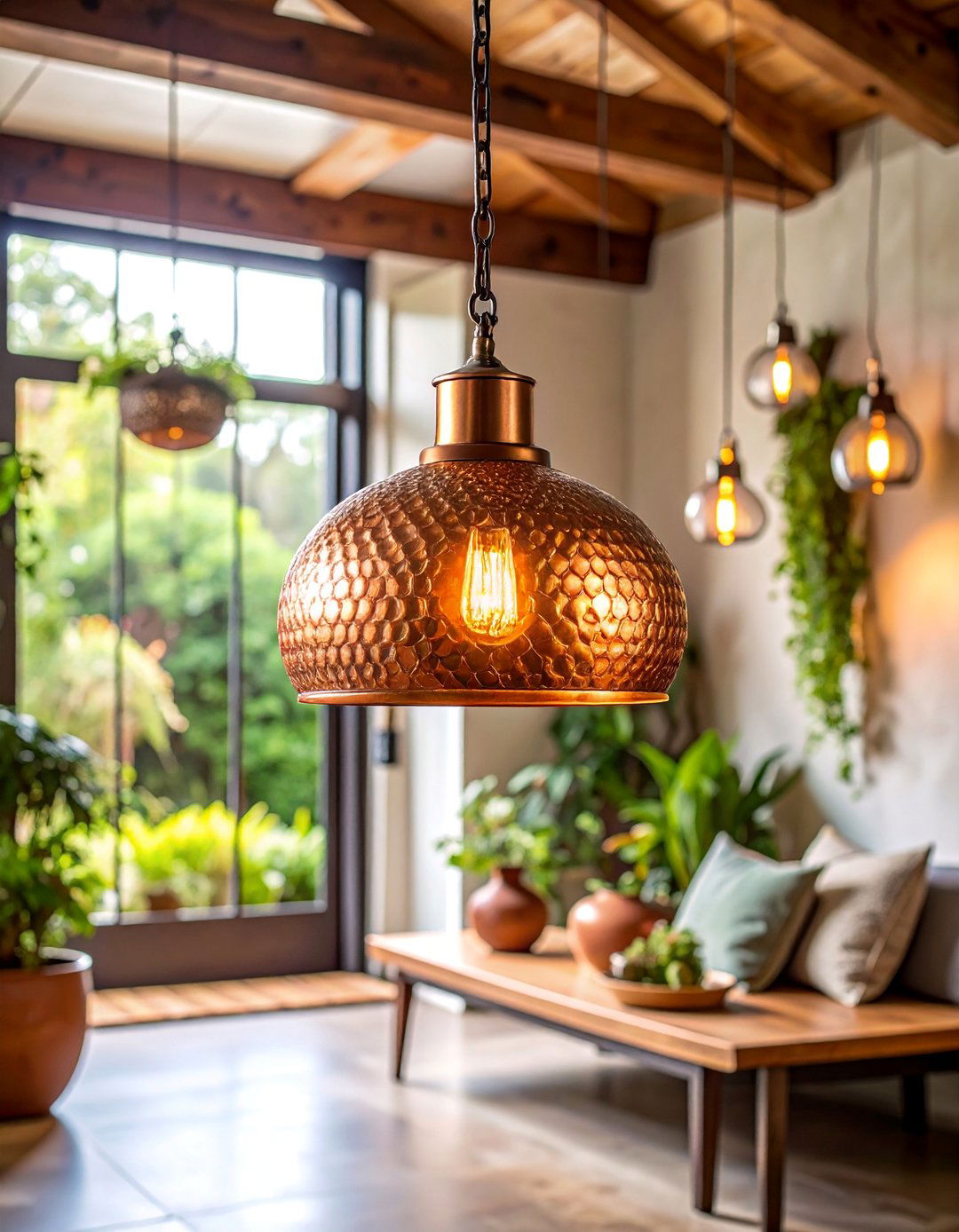 Copper Pendant Light with Hammered Texture - 25 Entryway Lighting Ideas