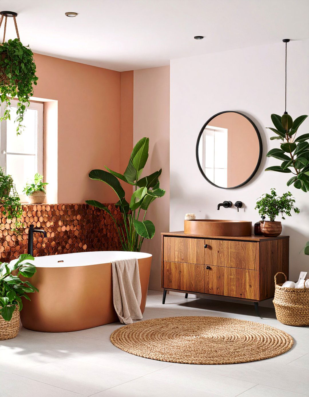 Copper Penny Half Wall Eclectic Statement - 25 Half-wall Tile Bathroom Ideas