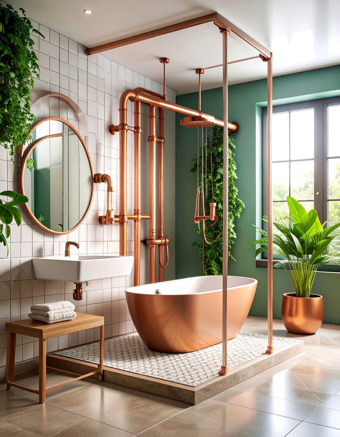 Copper Pipe Exposed Plumbing Design - 25 Rustic Walk-in Shower Ideas
