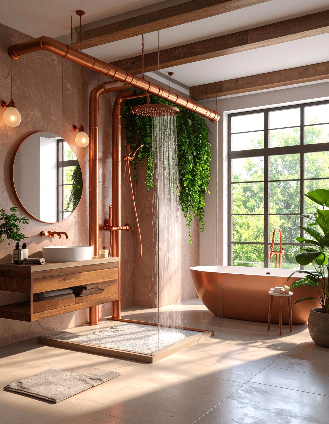 Copper Pipe Exposed Shower System - 25 Modern Shower Ideas
