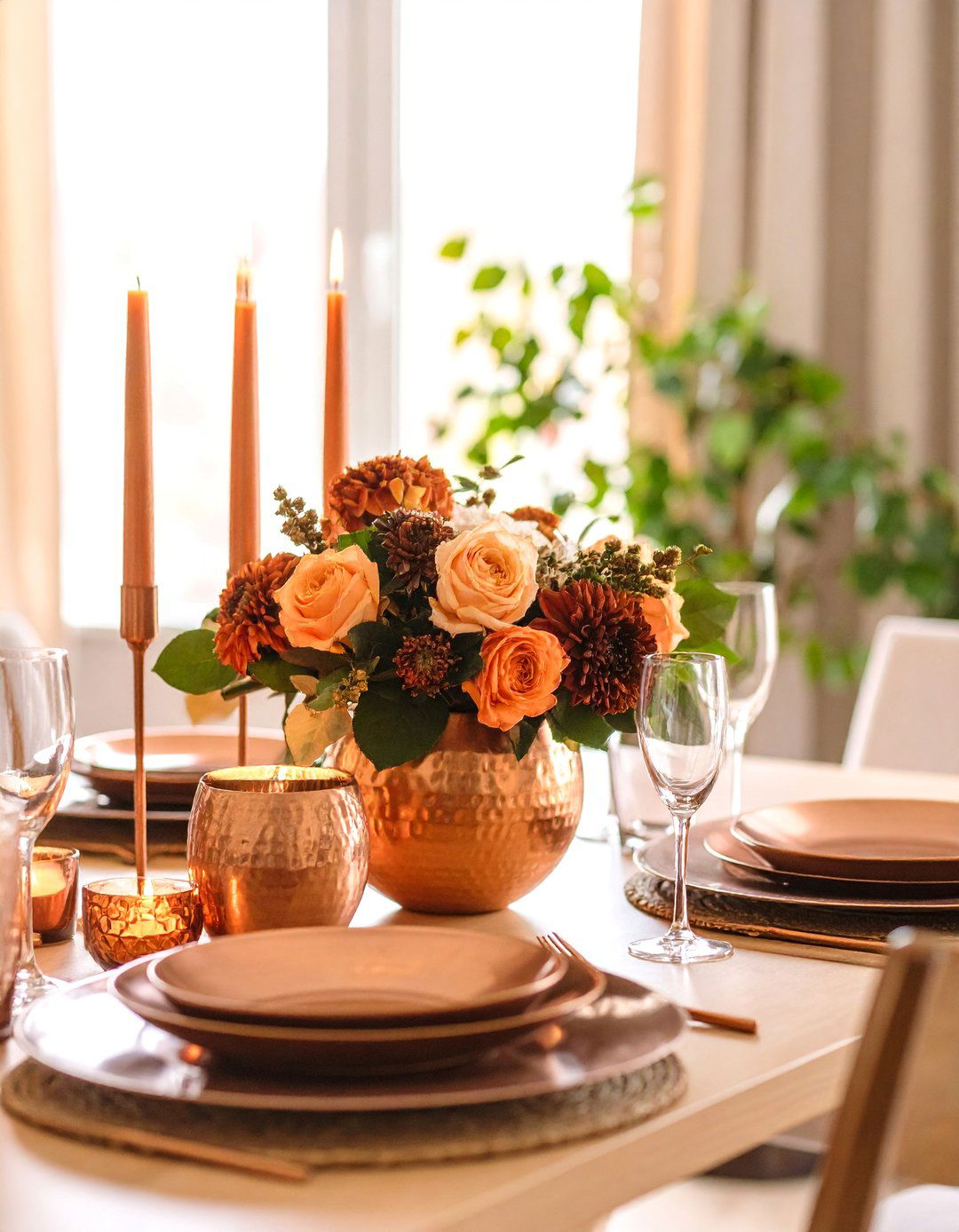 Copper and Orange Warm Glow Tablescape - 25 Fall Table Decor Ideas