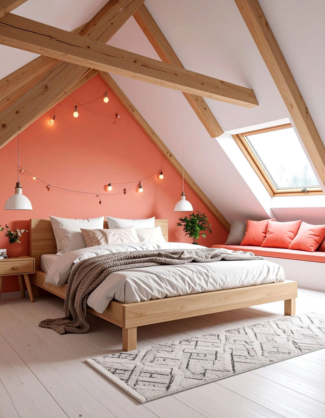 Coral Attic Bedroom with Sloped Ceilings and Cozy Nooks - 25 Coral Bedroom Ideas