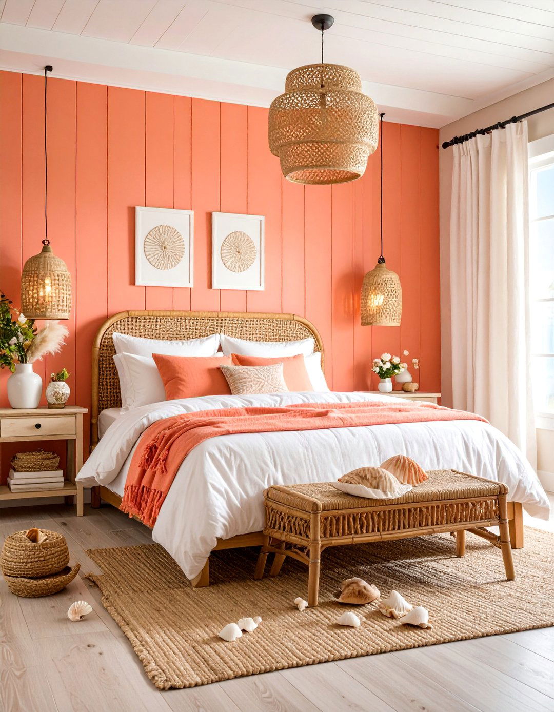 Coral Beach Cottage Bedroom with Shiplap and Wicker - 25 Coral Bedroom Ideas