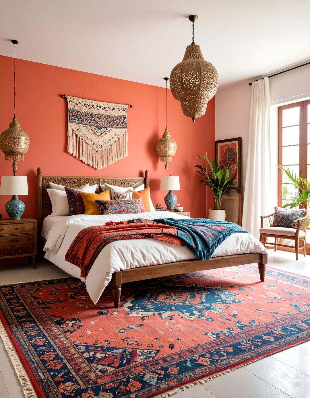 Coral Eclectic Bedroom with Global Textiles and Mixed Patterns - 25 Coral Bedroom Ideas