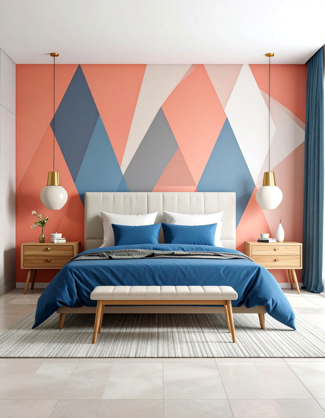 Coral Geometric Wallpaper Bedroom Feature Wall - 25 Orange Accent Wall Ideas