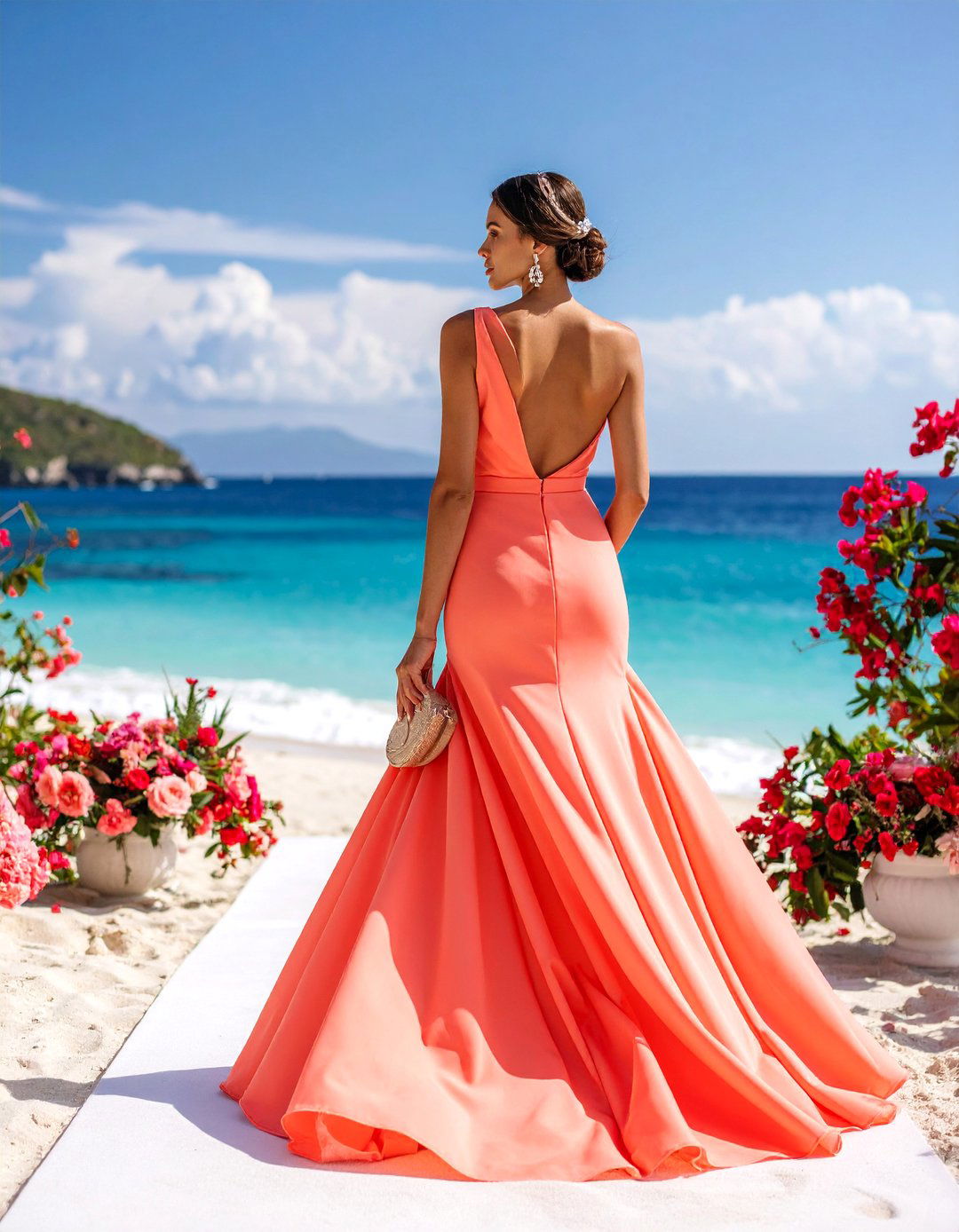 Coral One Shoulder Midi for Beach Weddings - 25 Guest Wedding Outfit Ideas