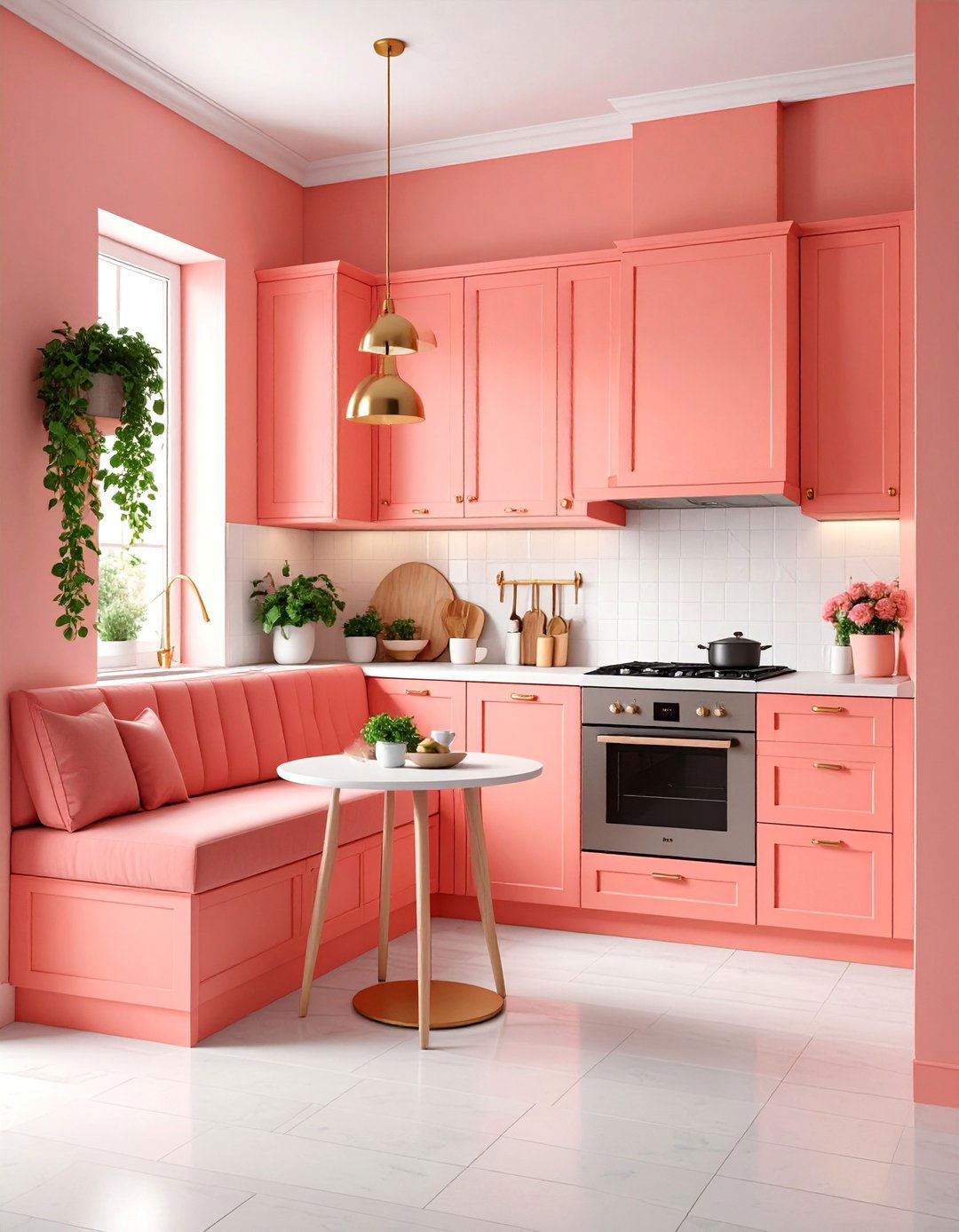 Coral Pink Galley Kitchen with Built In Banquette - 25 Galley Kitchen Ideas