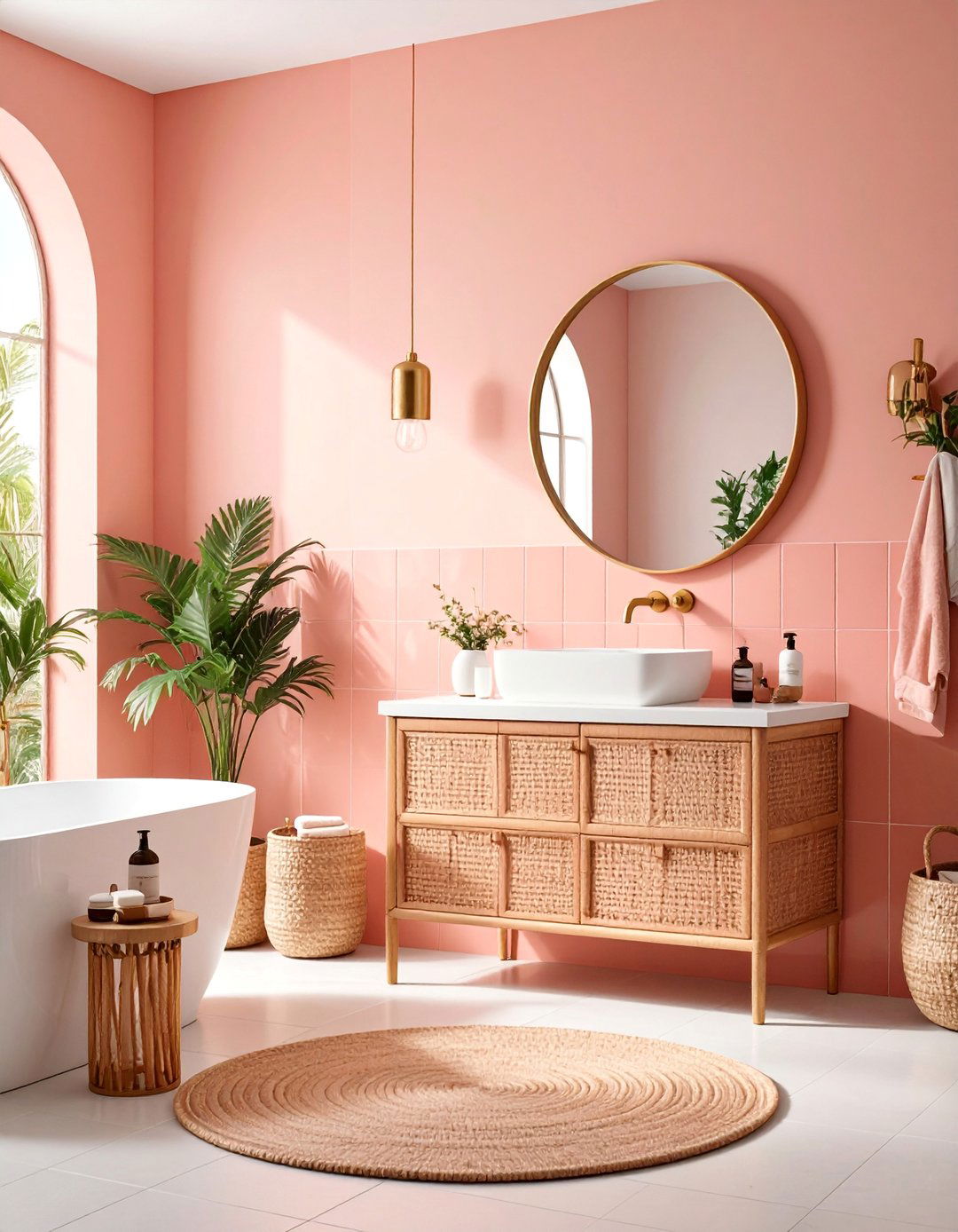 Coral Pink Half Wall Tropical Paradise - 25 Half-wall Tile Bathroom Ideas