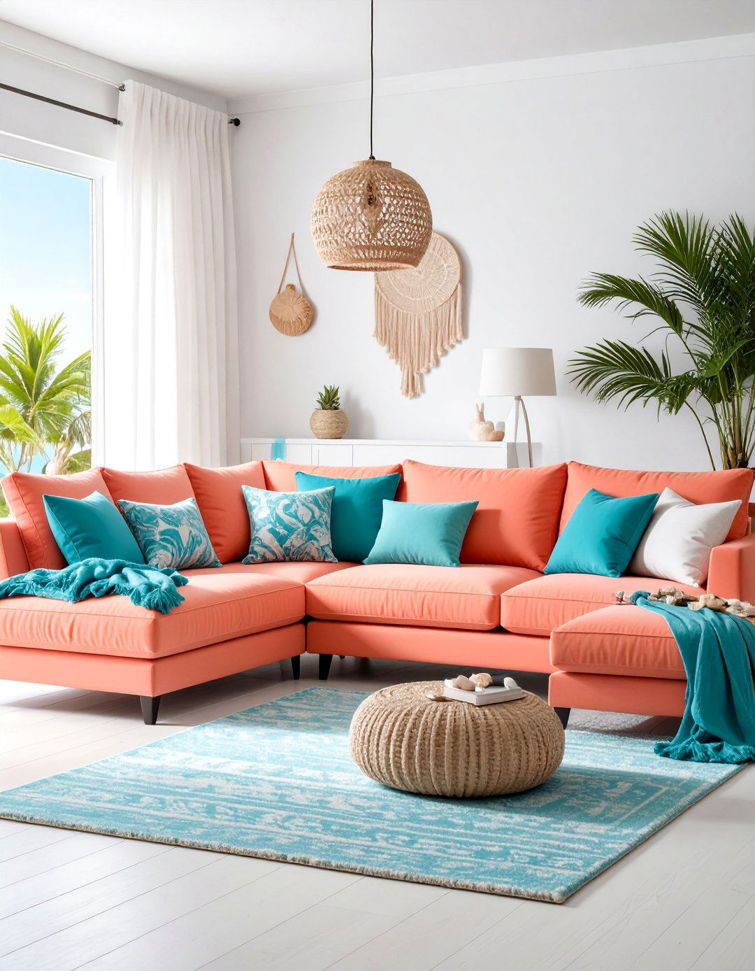 Coral Pink Sectional with Aqua Blue Accessories - 25 Pink and Blue Living Room Ideas