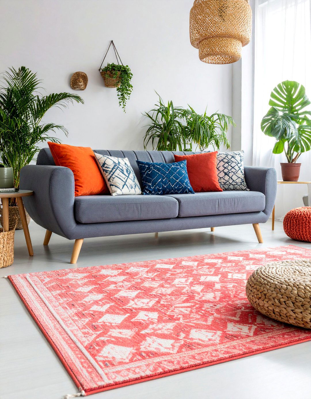 Coral Pink Tropical Modernism - 25 what color rug goes with a grey couch
