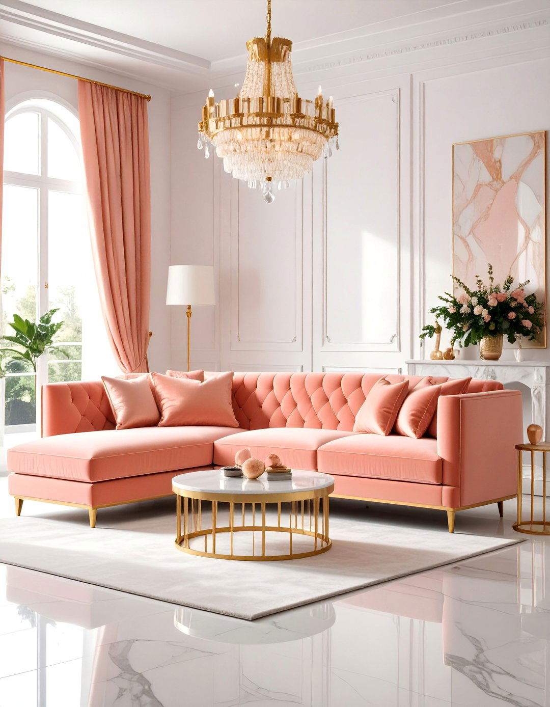 Coral Pink Velvet Sofa Feminine Glam - 25 Living Room Couch Ideas