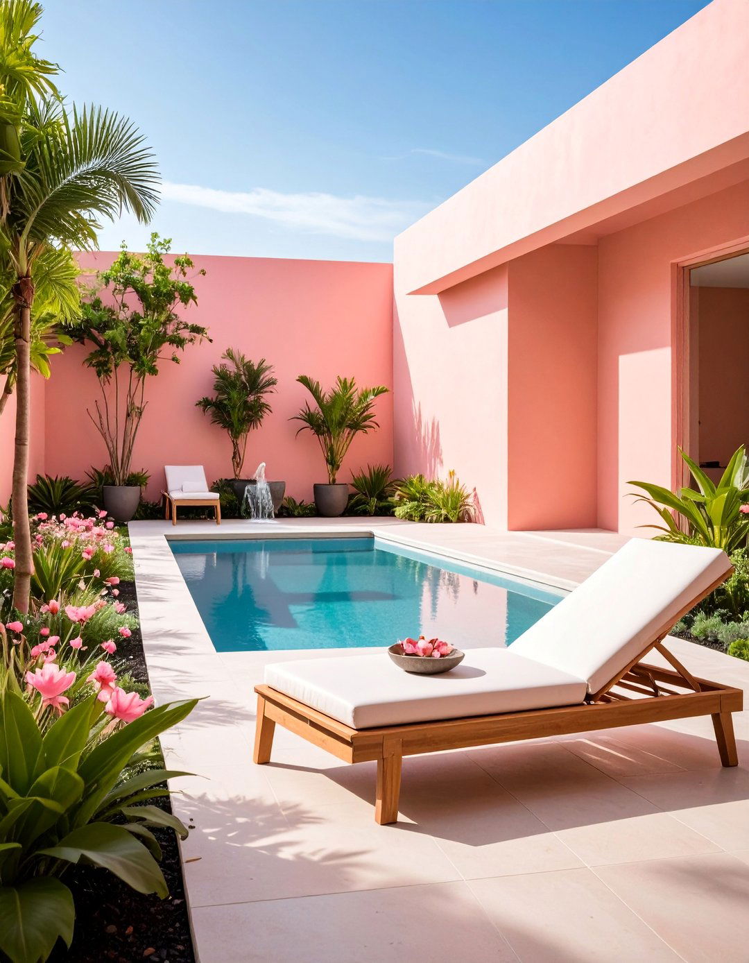 Coral Pink Water Feature Garden - 25 Pink Garden Ideas