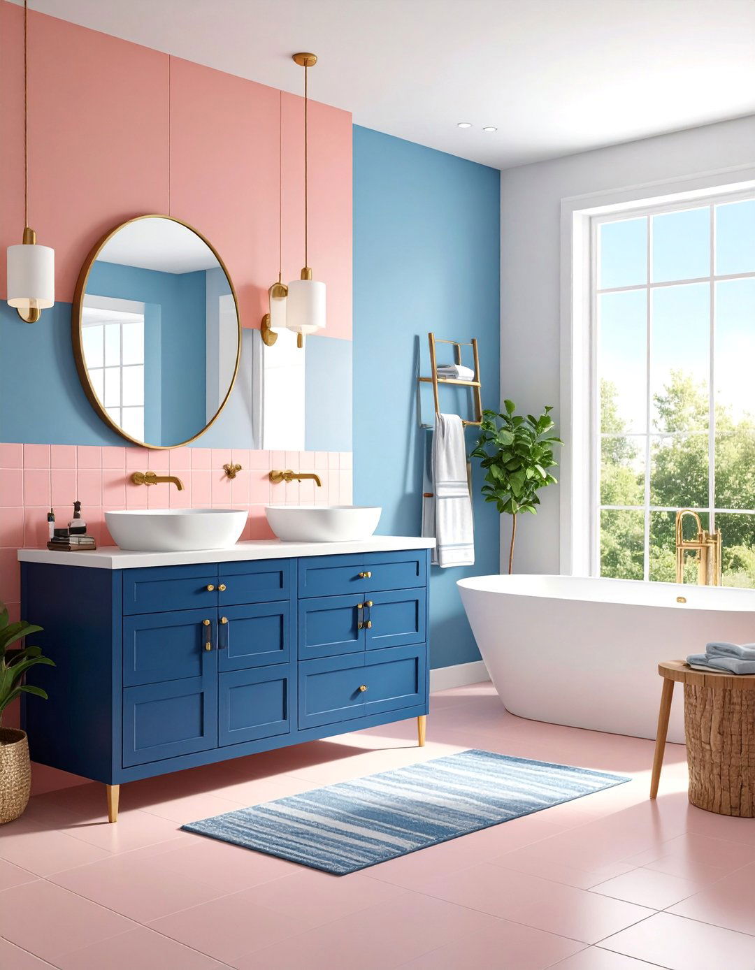 Coral Pink and Navy Contrast - 25 Pink Bathroom Ideas