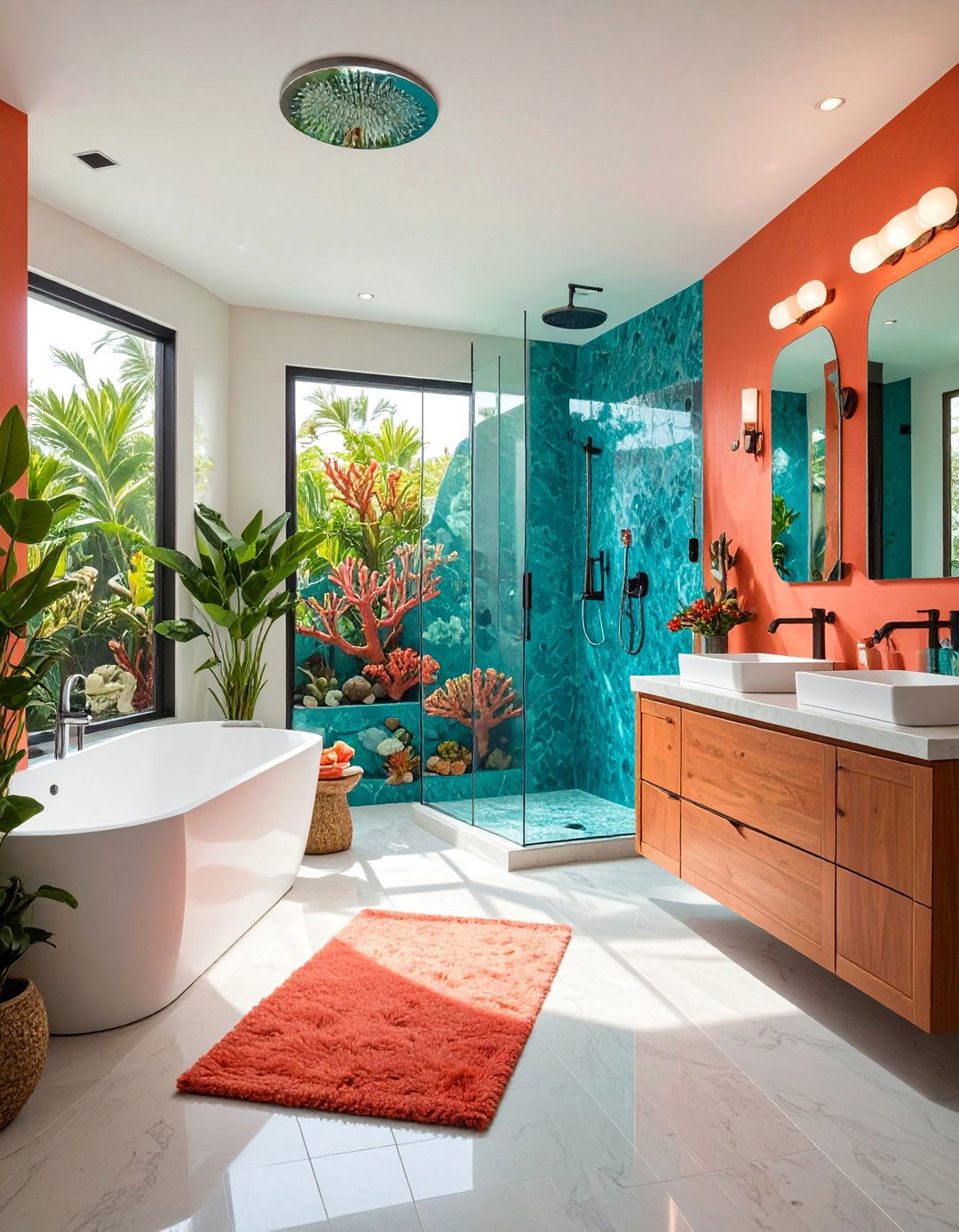 Coral Reef Bathroom with Vibrant Tropical Colors - 25 Coastal Bathroom Ideas