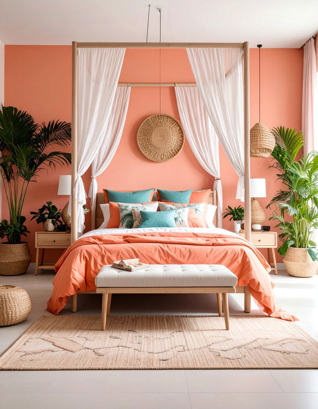 Coral and Aqua Tropical Bedroom with Palm Prints - 25 Coral Bedroom Ideas