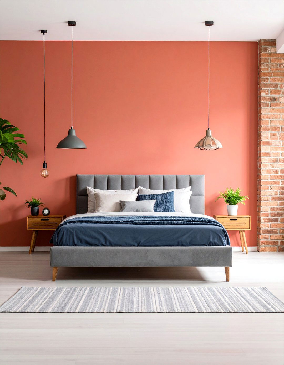 Coral and Gray Modern Bedroom with Industrial Touches - 25 Coral Bedroom Ideas