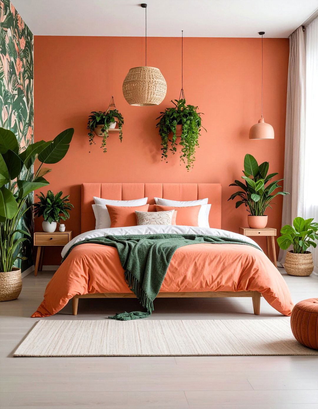Coral and Green Garden Inspired Bedroom with Botanical Prints - 25 Coral Bedroom Ideas