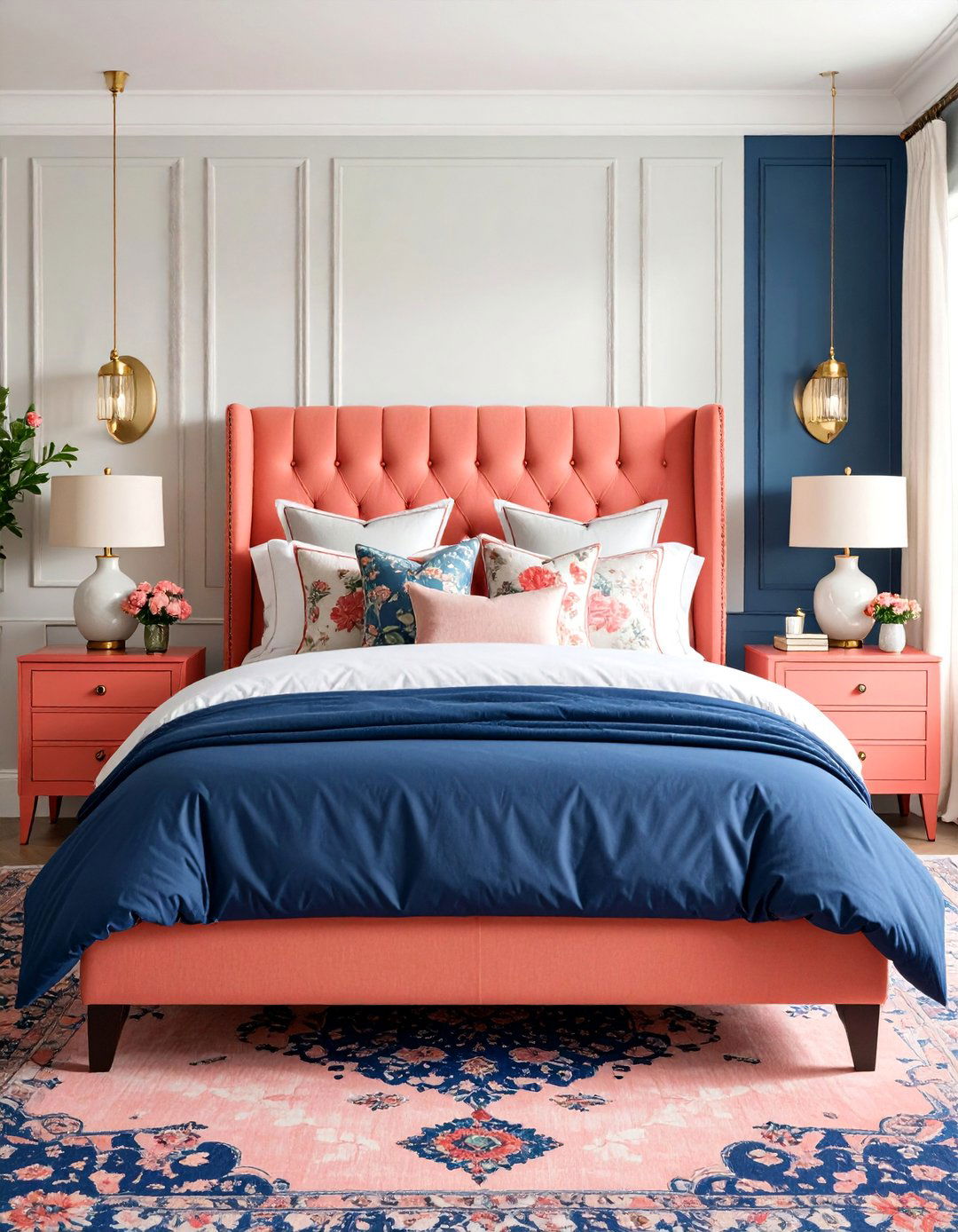 Coral and Navy Grandmillennial Bedroom with Needlepoint Details - 25 Grandmillennial Style Bedroom Ideas