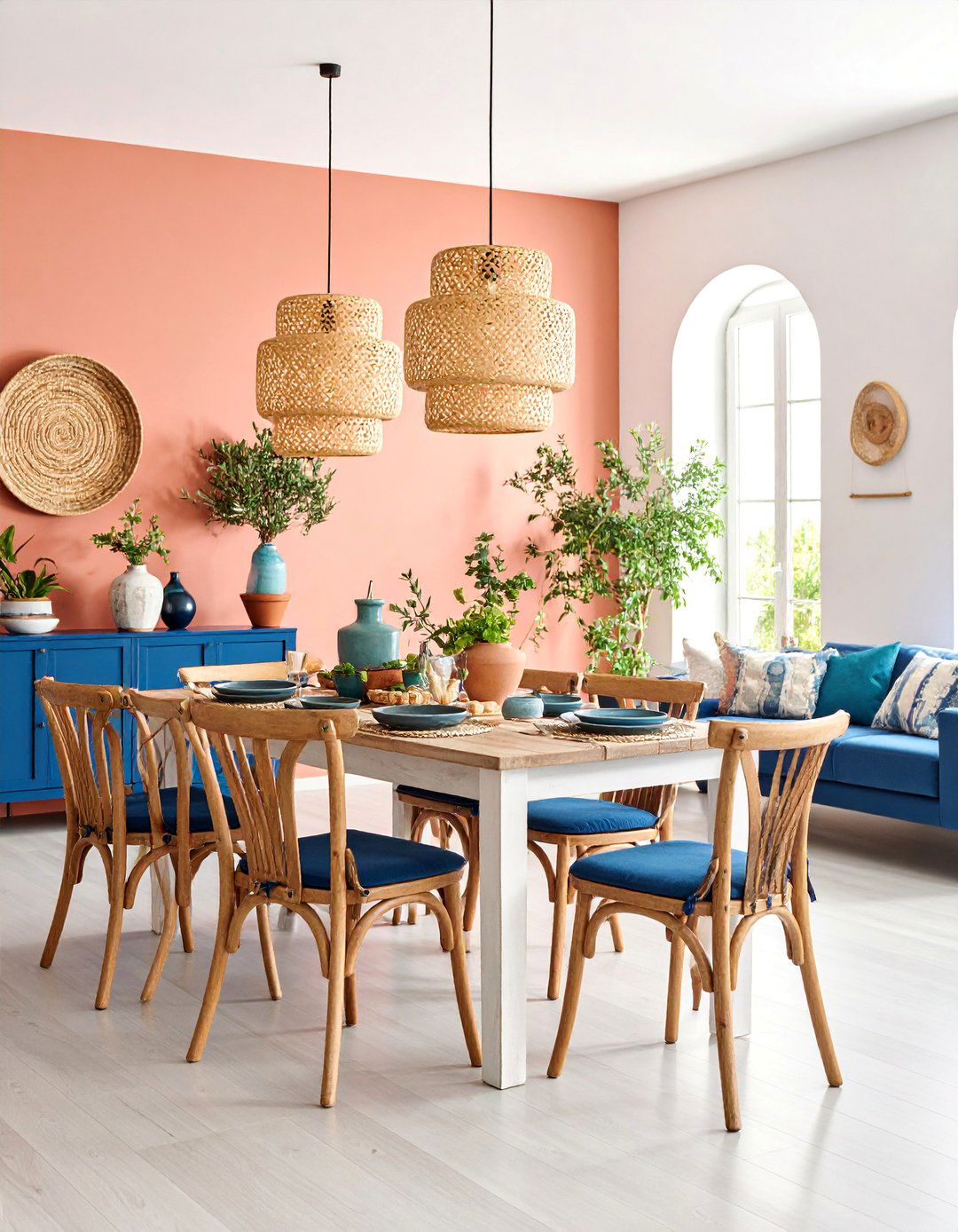 Coral and Navy Mediterranean Coastal - 25 Colorful Dining Room Ideas